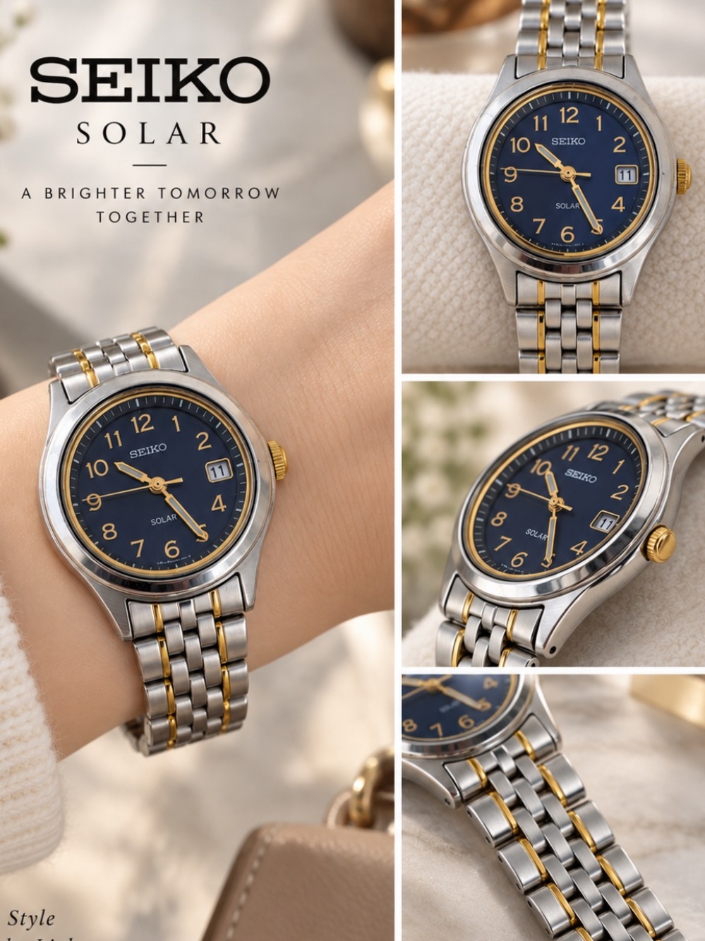 Seiko Solar Two-Tone Silver and Gold Bracelet Watch with Navy Dial